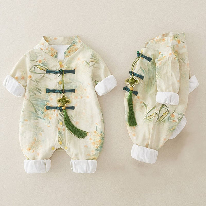 Buddha Stones ​​Frühling Herbst Beige Blumen Grünes Gras Design Baby Mädchen Baumwolle Langarm Einteiler Strampler - image 4