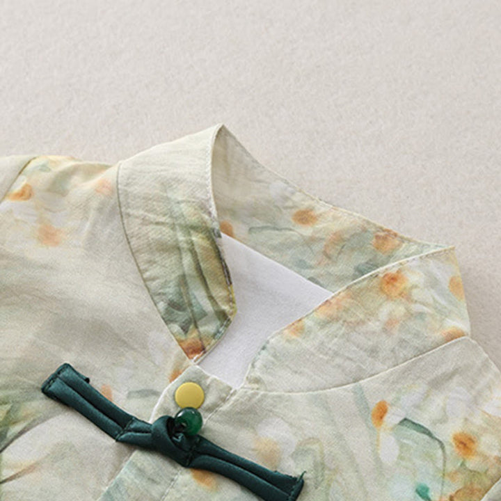 Buddha Stones ​​Frühling Herbst Beige Blumen Grünes Gras Design Baby Mädchen Baumwolle Langarm Einteiler Strampler - image 6