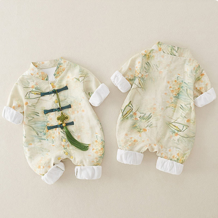 Buddha Stones ​​Frühling Herbst Beige Blumen Grünes Gras Design Baby Mädchen Baumwolle Langarm Einteiler Strampler - image 3