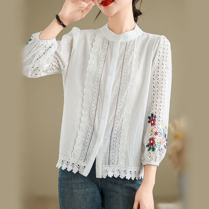 Damen-Langarmshirt mit Buddha Stones, Herbstspitzenstickerei, Blumen- und Blattmuster, Stehkragen und Knöpfen - Weiß - US 8-10, UK/AU 12-14, EU 40-42 (2XL) - image 6