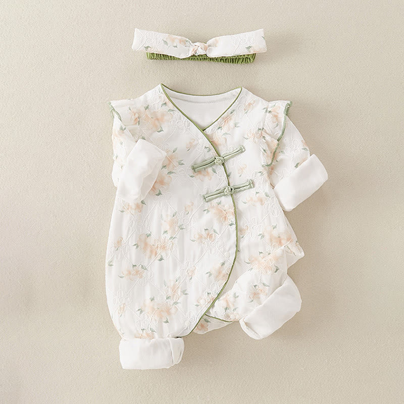 Buddha Stones ​​Frühling Herbst Hellgelbe Blumen V-Ausschnitt Design Baby Mädchen Baumwolle Langarm Einteiler Strampler - image 2