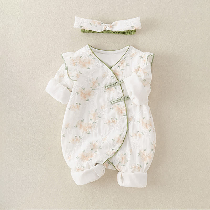 Buddha Stones ​​Frühling Herbst Hellgelbe Blumen V-Ausschnitt Design Baby Mädchen Baumwolle Langarm Einteiler Strampler - image 4