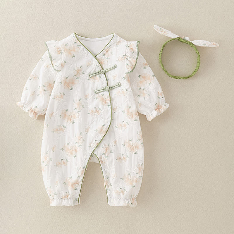 Buddha Stones ​​Frühling Herbst Hellgelbe Blumen V-Ausschnitt Design Baby Mädchen Baumwolle Langarm Einteiler Strampler - image 3