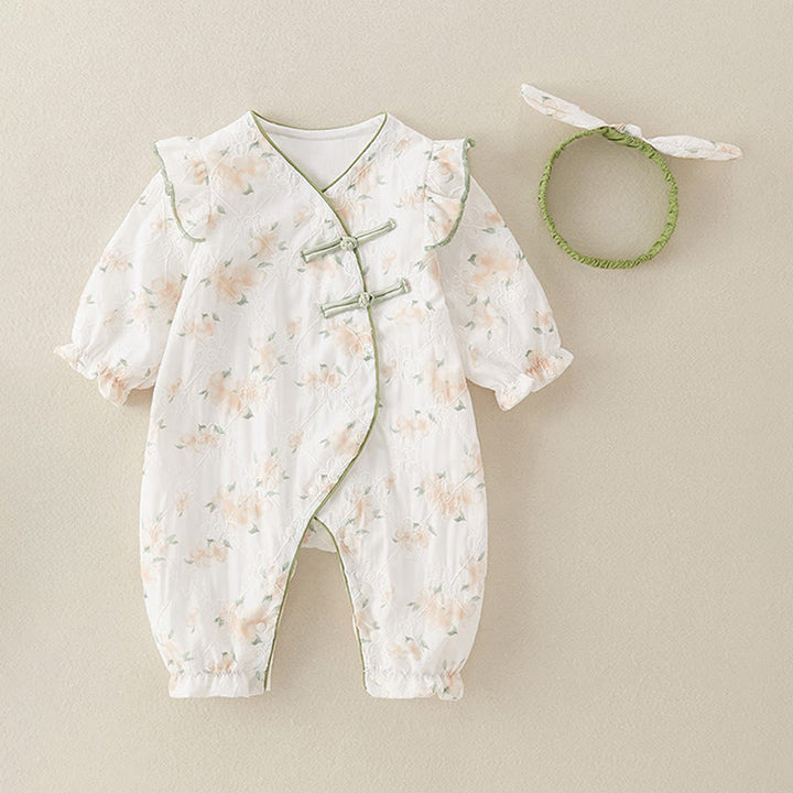 Buddha Stones ​​Frühling Herbst Hellgelbe Blumen V-Ausschnitt Design Baby Mädchen Baumwolle Langarm Einteiler Strampler - image 3