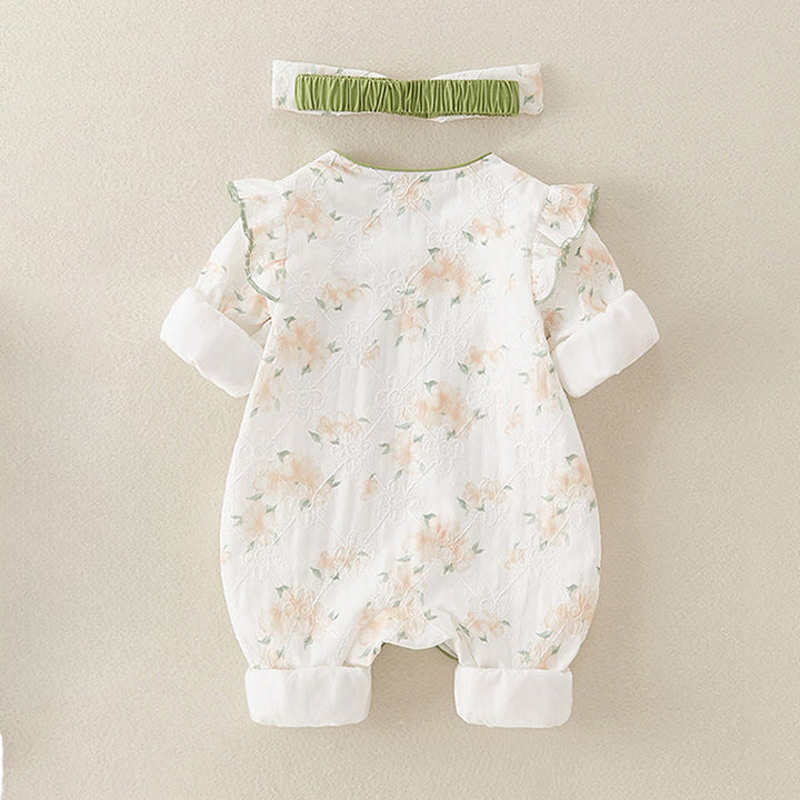 Buddha Stones ​​Frühling Herbst Hellgelbe Blumen V-Ausschnitt Design Baby Mädchen Baumwolle Langarm Einteiler Strampler - image 1