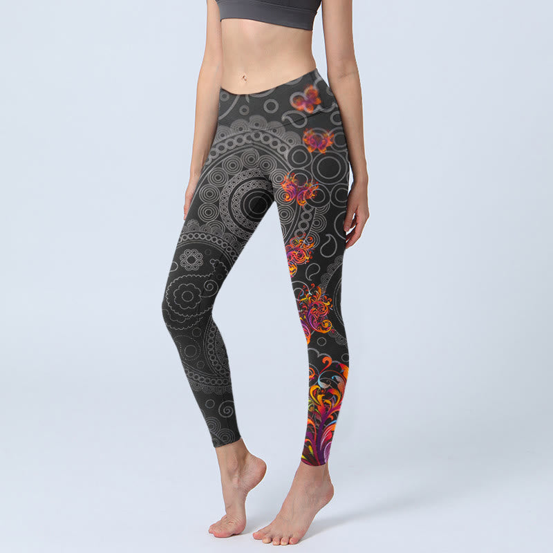Leggings mit Buddha Stones, starkem Kontrast, Blumen-Paisley-Muster, Sport-Leggings für Damen, Yoga-Hosen - Schwarz - US18, UK/AU22, EU50 (4XL) - image 0