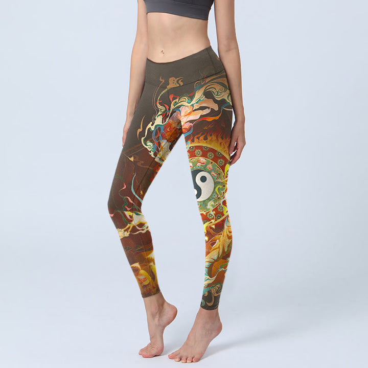 Buddha Stones, bunte Feen-Yin-Yang-Flammen-Kamel-Ziegen-Blumenmuster-Gym-Leggings, Damen-Yogahosen - Sattelbraun - US18, UK/AU22, EU50 (4XL) - image 0