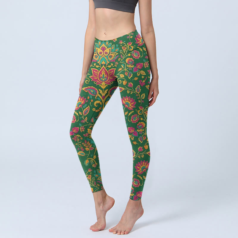 Leggings mit Buddha Stones Motiv, farbenfrohem Blumen- und Blattmuster, Damen-Yogahose - Grün - US18, UK/AU22, EU50 (4XL) - image 0