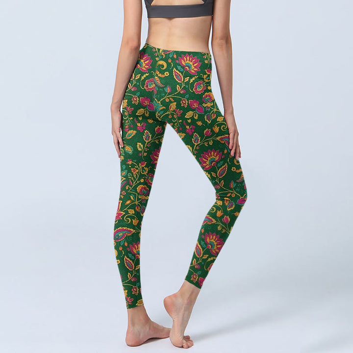 Leggings mit Buddha Stones Motiv, farbenfrohem Blumen- und Blattmuster, Damen-Yogahose - image 4