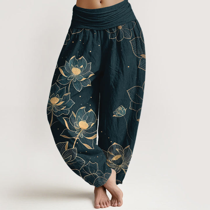 Buddha Stones Damen-Haremshose aus reiner Baumwolle mit zartem Lotusmuster und elastischem Bund - Dunkelgrün - US16, UK/AU20, EU48 (3XL) - image 0
