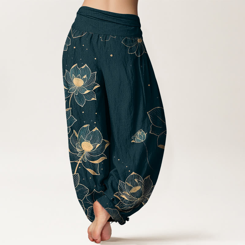 Buddha Stones Damen-Haremshose aus reiner Baumwolle mit zartem Lotusmuster und elastischem Bund - image 1