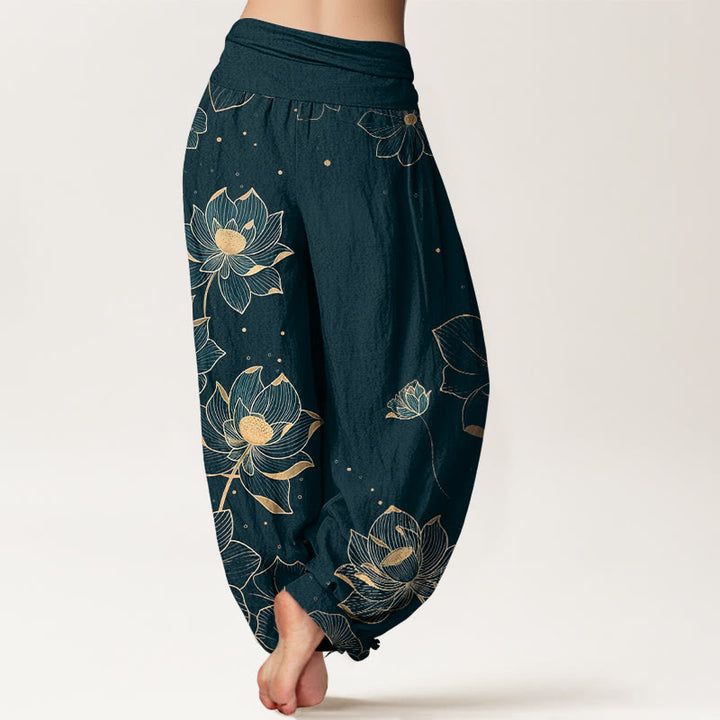 Buddha Stones Damen-Haremshose aus reiner Baumwolle mit zartem Lotusmuster und elastischem Bund - image 1