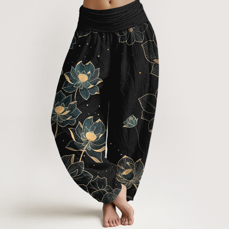 Buddha Stones Damen-Haremshose aus reiner Baumwolle mit zartem Lotusmuster und elastischem Bund - Schwarz - US16, UK/AU20, EU48 (3XL) - image 5