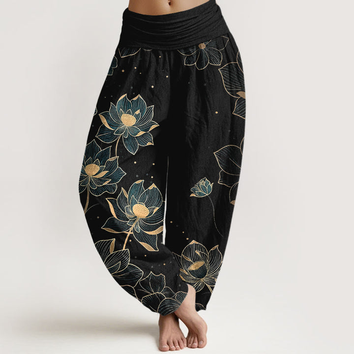 Buddha Stones Damen-Haremshose aus reiner Baumwolle mit zartem Lotusmuster und elastischem Bund - Schwarz - US16, UK/AU20, EU48 (3XL) - image 5