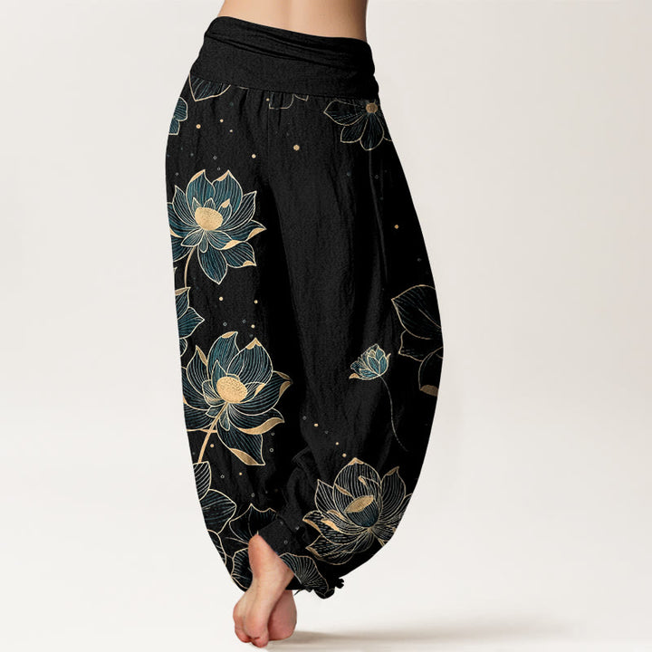Buddha Stones Damen-Haremshose aus reiner Baumwolle mit zartem Lotusmuster und elastischem Bund - image 6