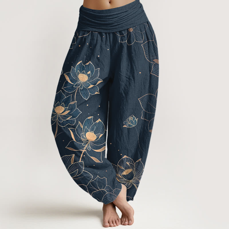 Buddha Stones Damen-Haremshose aus reiner Baumwolle mit zartem Lotusmuster und elastischem Bund - SteelBlue - US16, UK/AU20, EU48 (3XL) - image 8