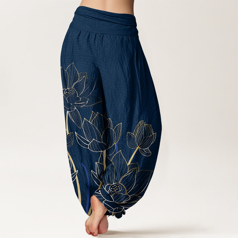 Buddha Stones Haremshose aus reiner Baumwolle im minimalistischen Stil mit Lotusblütenmuster und elastischem Bund für Damen - image 1