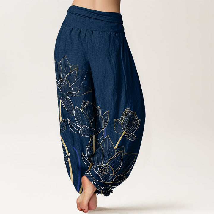 Buddha Stones Haremshose aus reiner Baumwolle im minimalistischen Stil mit Lotusblütenmuster und elastischem Bund für Damen - image 1