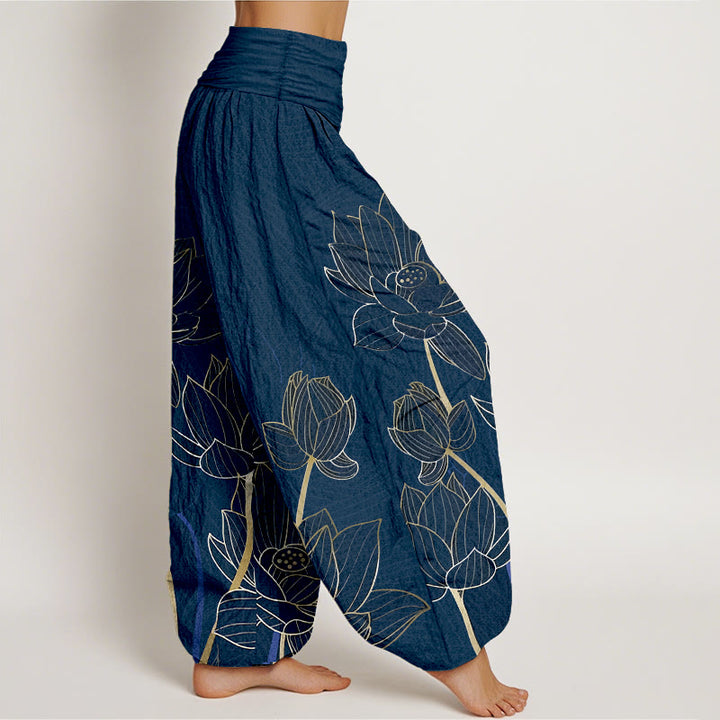 Buddha Stones Haremshose aus reiner Baumwolle im minimalistischen Stil mit Lotusblütenmuster und elastischem Bund für Damen - image 2