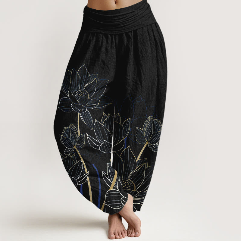 Buddha Stones Haremshose aus reiner Baumwolle im minimalistischen Stil mit Lotusblütenmuster und elastischem Bund für Damen - Schwarz - US16, UK/AU20, EU48 (3XL) - image 5