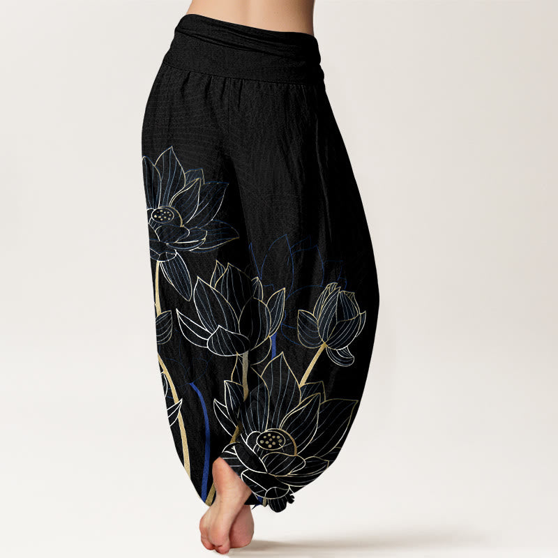 Buddha Stones Haremshose aus reiner Baumwolle im minimalistischen Stil mit Lotusblütenmuster und elastischem Bund für Damen - image 6