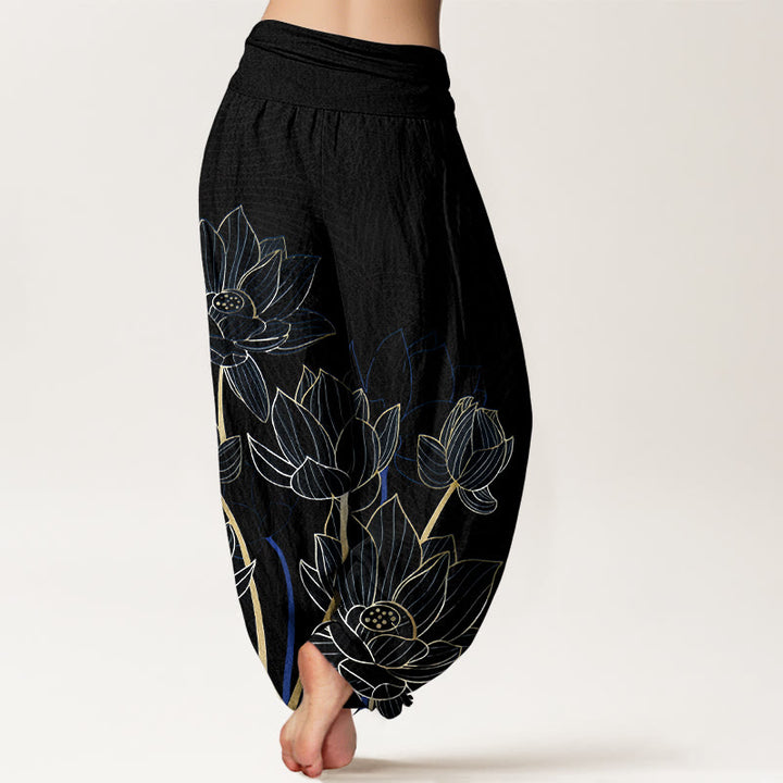 Buddha Stones Haremshose aus reiner Baumwolle im minimalistischen Stil mit Lotusblütenmuster und elastischem Bund für Damen - image 6
