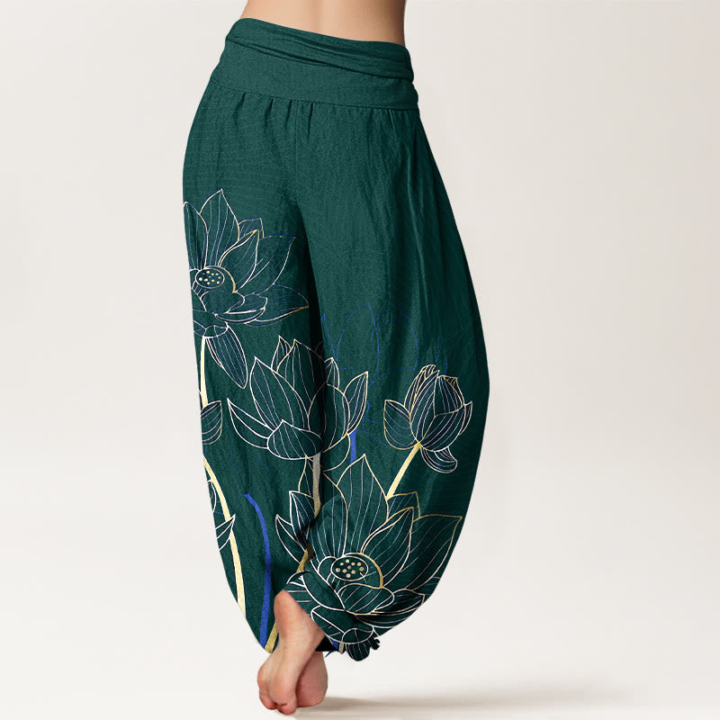 Buddha Stones Haremshose aus reiner Baumwolle im minimalistischen Stil mit Lotusblütenmuster und elastischem Bund für Damen - image 9