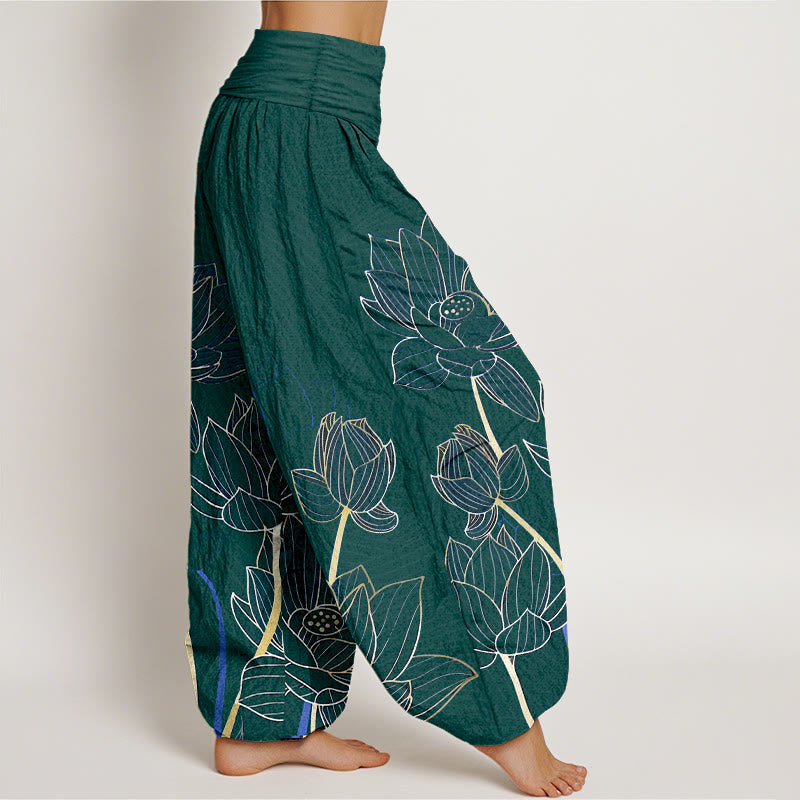 Buddha Stones Haremshose aus reiner Baumwolle im minimalistischen Stil mit Lotusblütenmuster und elastischem Bund für Damen - image 10