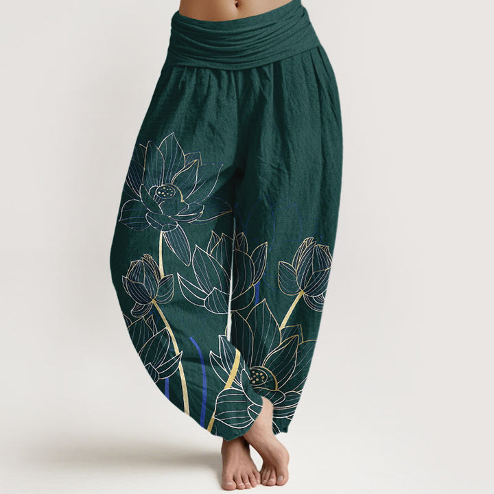 Buddha Stones Haremshose aus reiner Baumwolle im minimalistischen Stil mit Lotusblütenmuster und elastischem Bund für Damen - Dunkelgrün - US16, UK/AU20, EU48 (3XL) - image 8