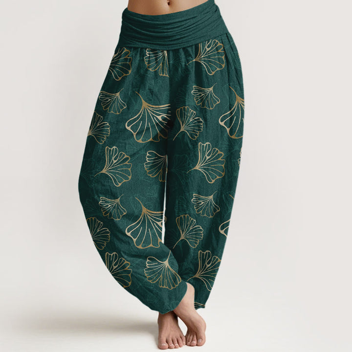 Buddha Stones Haremshose aus reiner Baumwolle im minimalistischen Stil mit Ginkgo-Blättermuster und elastischem Bund für Damen - Dunkelgrün - US16, UK/AU20, EU48 (3XL) - image 0