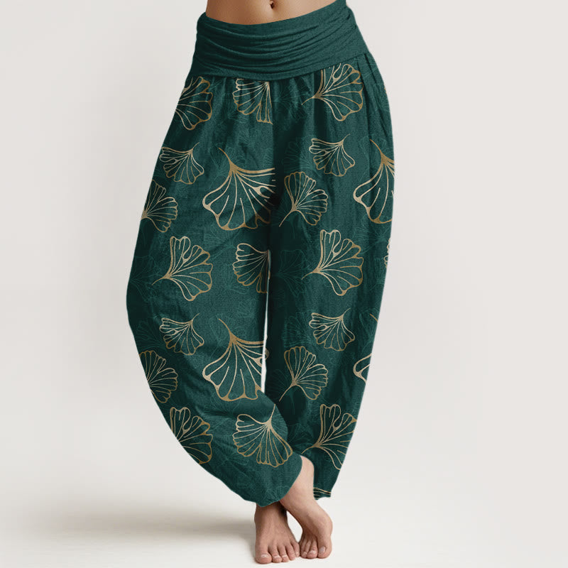 Buddha Stones Haremshose aus reiner Baumwolle im minimalistischen Stil mit Ginkgo-Blättermuster und elastischem Bund für Damen - Dunkelgrün - US16, UK/AU20, EU48 (3XL) - image 0
