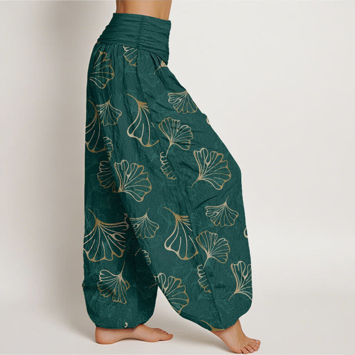 Buddha Stones Haremshose aus reiner Baumwolle im minimalistischen Stil mit Ginkgo-Blättermuster und elastischem Bund für Damen - image 2