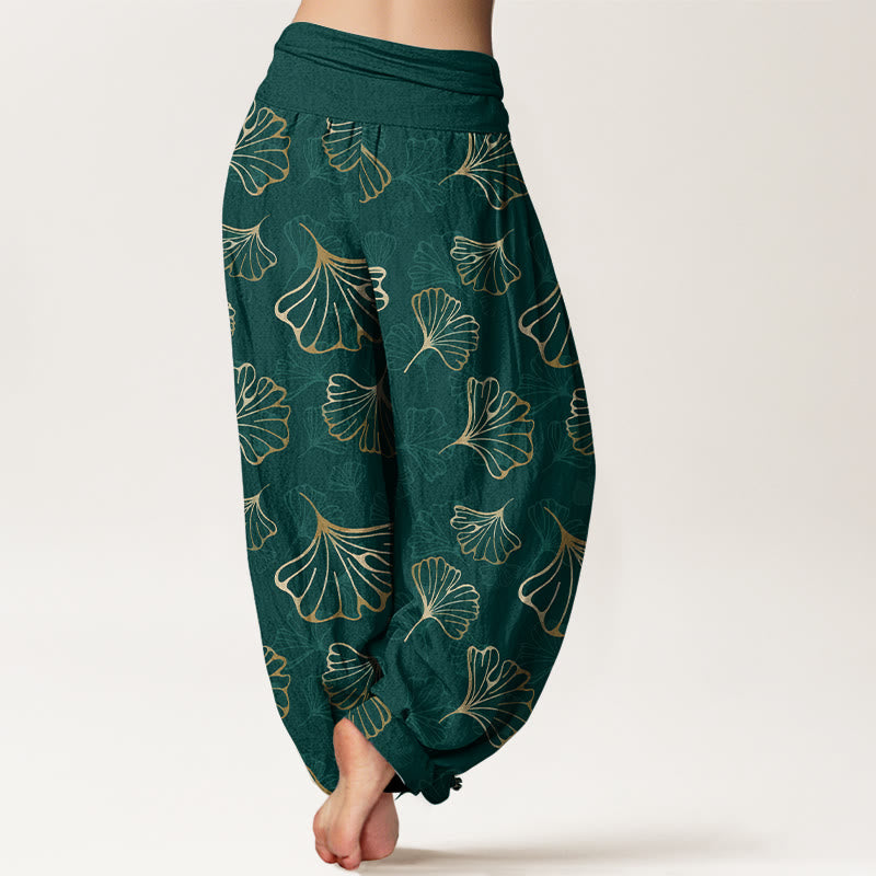 Buddha Stones Haremshose aus reiner Baumwolle im minimalistischen Stil mit Ginkgo-Blättermuster und elastischem Bund für Damen - image 1