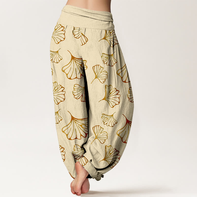 Buddha Stones Haremshose aus reiner Baumwolle im minimalistischen Stil mit Ginkgo-Blättermuster und elastischem Bund für Damen - image 6