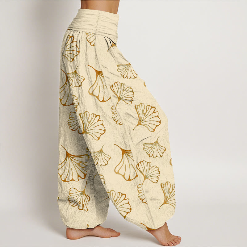 Buddha Stones Haremshose aus reiner Baumwolle im minimalistischen Stil mit Ginkgo-Blättermuster und elastischem Bund für Damen - image 7