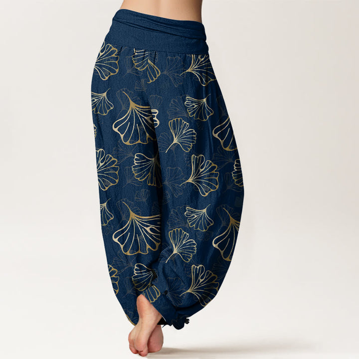 Buddha Stones Haremshose aus reiner Baumwolle im minimalistischen Stil mit Ginkgo-Blättermuster und elastischem Bund für Damen - image 9