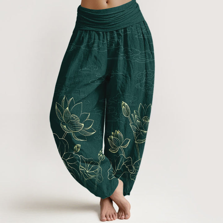 Buddha Stones Haremshose aus reiner Baumwolle mit schlichtem Lotusblüten- und Wolkenmuster, elastischem Bund für Damen. - Dunkelgrün - US16, UK/AU20, EU48 (3XL) - image 0