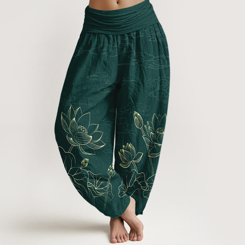 Buddha Stones Haremshose aus reiner Baumwolle mit schlichtem Lotusblüten- und Wolkenmuster, elastischem Bund für Damen. - Dunkelgrün - US16, UK/AU20, EU48 (3XL) - image 0