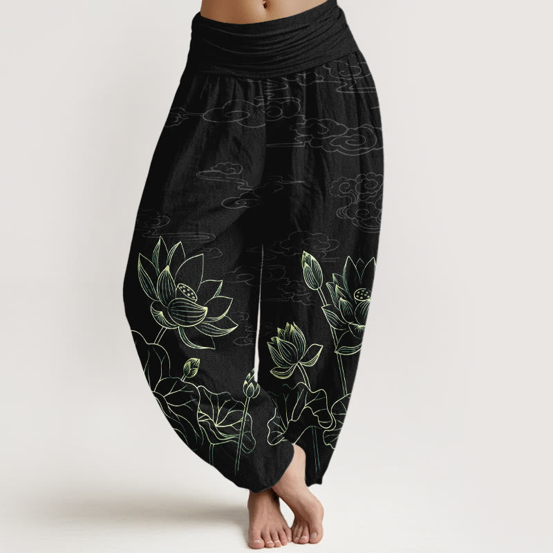 Buddha Stones Haremshose aus reiner Baumwolle mit schlichtem Lotusblüten- und Wolkenmuster, elastischem Bund für Damen. - Schwarz - US16, UK/AU20, EU48 (3XL) - image 8