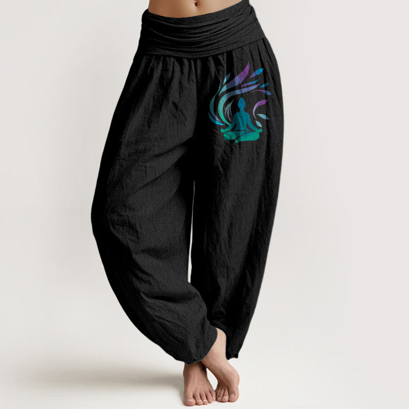 Buddha Stones, reine Baumwolle, schlichtes Design, menschliches Figurenmuster, Damen-Haremshose mit elastischem Bund - Schwarz - US16, UK/AU20, EU48 (3XL) - image 5