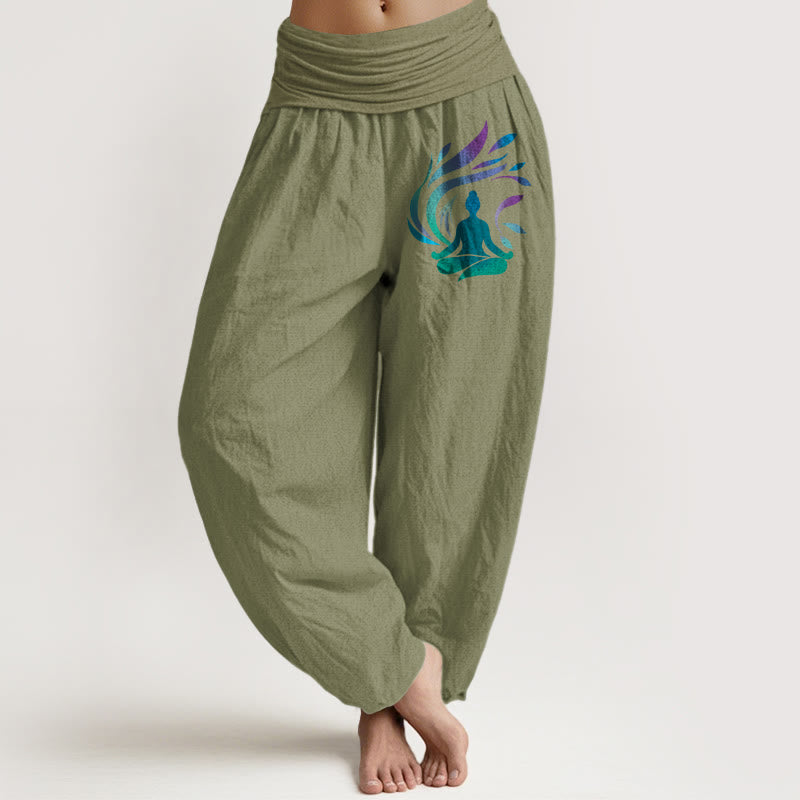 Buddha Stones, reine Baumwolle, schlichtes Design, menschliches Figurenmuster, Damen-Haremshose mit elastischem Bund - Olivgrün - US16, UK/AU20, EU48 (3XL) - image 14