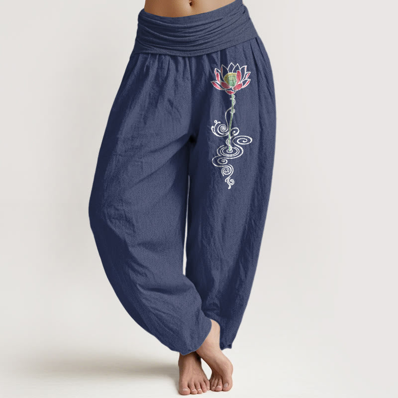 Buddha Stones Haremshose aus reiner Baumwolle mit schlichtem Lotusblumenmuster und elastischem Bund für Damen - Dunkelschieferblau - US16, UK/AU20, EU48 (3XL) - image 0