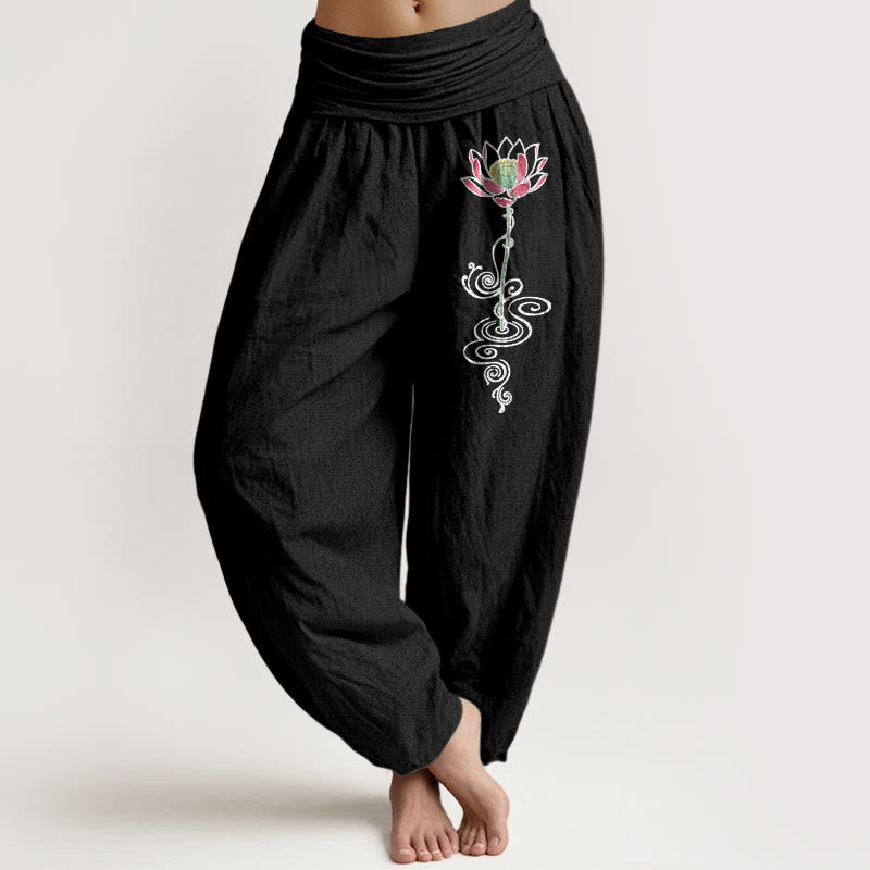 Buddha Stones Haremshose aus reiner Baumwolle mit schlichtem Lotusblumenmuster und elastischem Bund für Damen - Schwarz - US16, UK/AU20, EU48 (3XL) - image 5