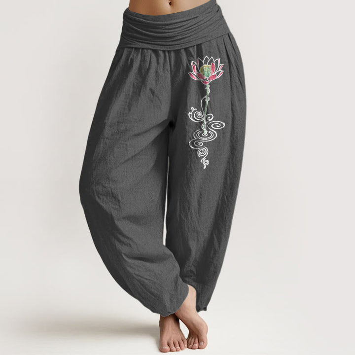 Buddha Stones Haremshose aus reiner Baumwolle mit schlichtem Lotusblumenmuster und elastischem Bund für Damen - DimGray - US16, UK/AU20, EU48 (3XL) - image 8