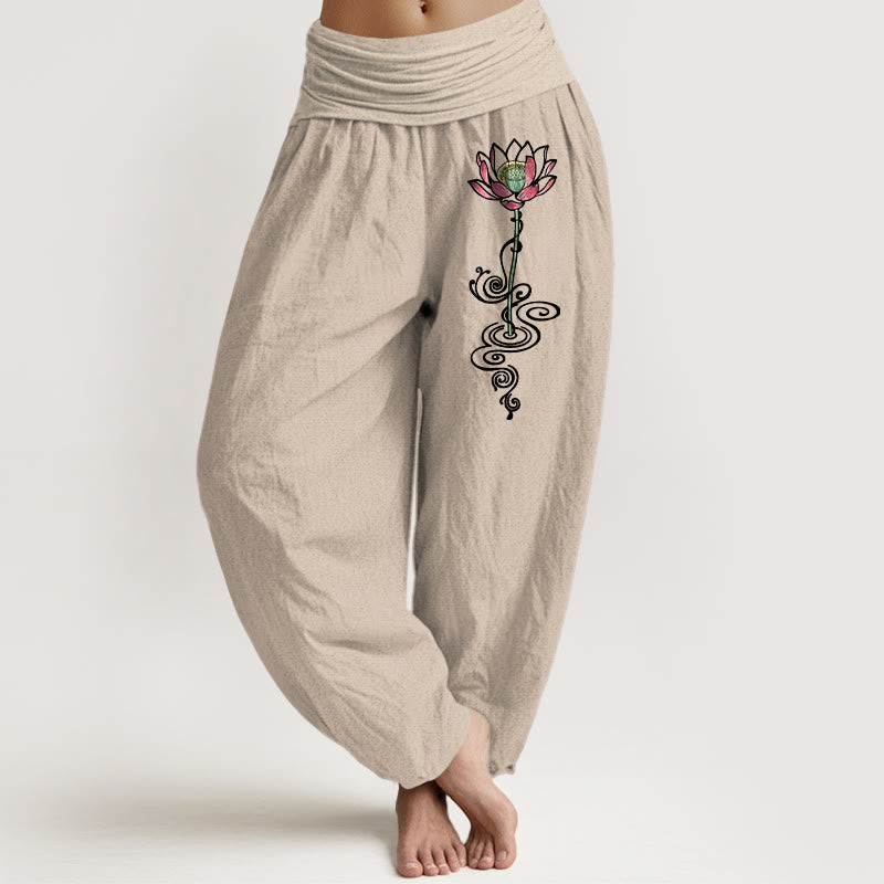 Buddha Stones Haremshose aus reiner Baumwolle mit schlichtem Lotusblumenmuster und elastischem Bund für Damen - Bräunen - US16, UK/AU20, EU48 (3XL) - image 11