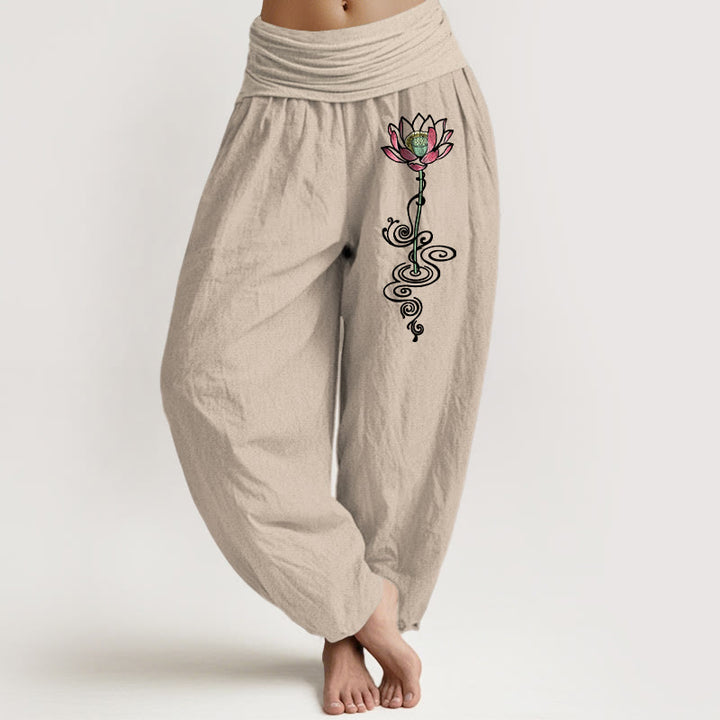 Buddha Stones Haremshose aus reiner Baumwolle mit schlichtem Lotusblumenmuster und elastischem Bund für Damen - Bräunen - US16, UK/AU20, EU48 (3XL) - image 11