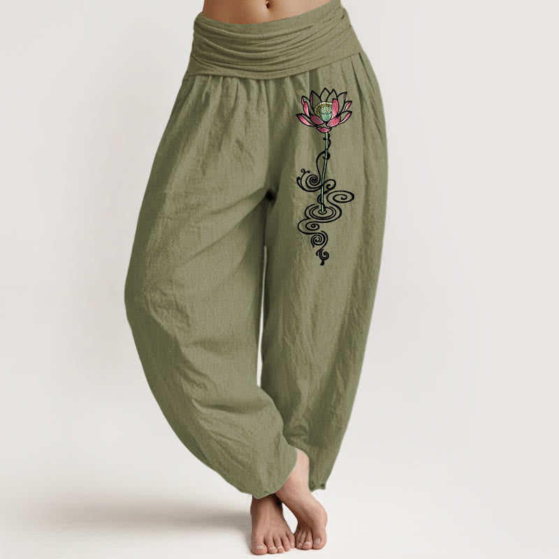 Buddha Stones Haremshose aus reiner Baumwolle mit schlichtem Lotusblumenmuster und elastischem Bund für Damen - Olivgrün - US16, UK/AU20, EU48 (3XL) - image 14