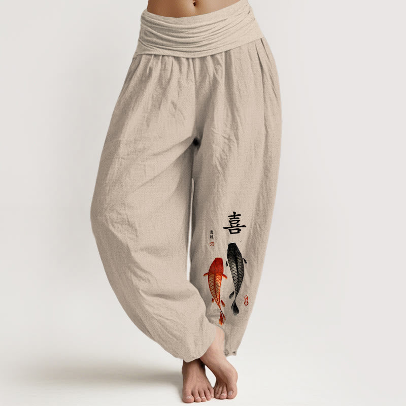 Buddha Stones Haremshose aus reiner Baumwolle mit schlichtem Koi-Fisch- und chinesischen Schriftzeichenmuster sowie elastischem Bund für Damen - Bräunen - US16, UK/AU20, EU48 (3XL) - image 0