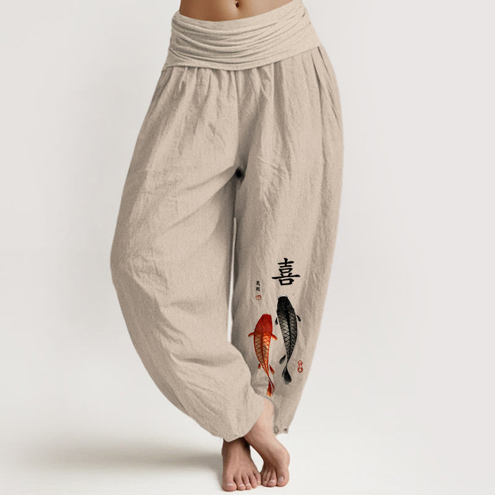 Buddha Stones Haremshose aus reiner Baumwolle mit schlichtem Koi-Fisch- und chinesischen Schriftzeichenmuster sowie elastischem Bund für Damen - Bräunen - US16, UK/AU20, EU48 (3XL) - image 0