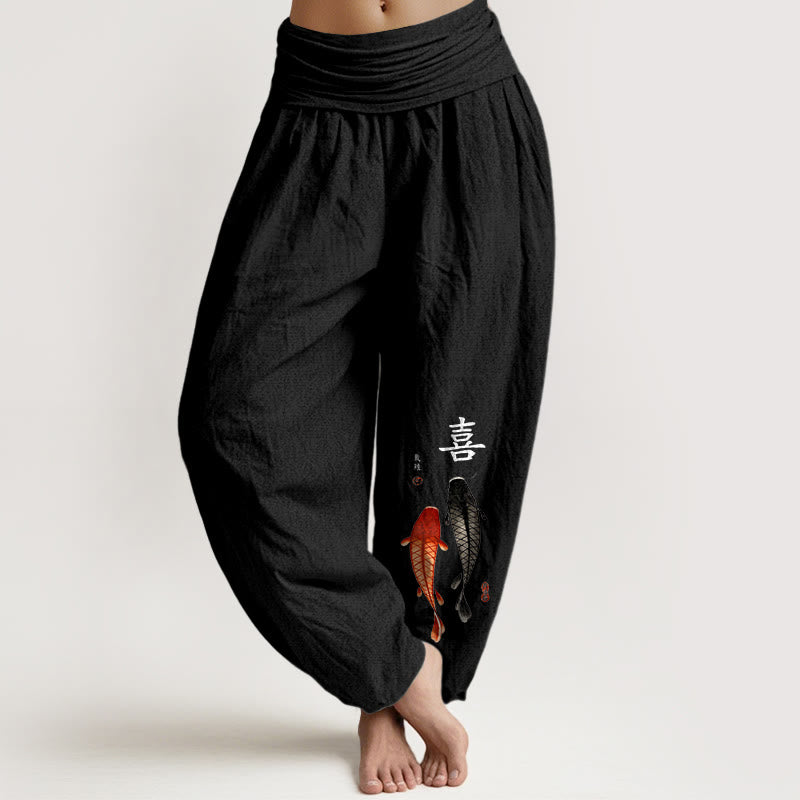 Buddha Stones Haremshose aus reiner Baumwolle mit schlichtem Koi-Fisch- und chinesischen Schriftzeichenmuster sowie elastischem Bund für Damen - Schwarz - US16, UK/AU20, EU48 (3XL) - image 5